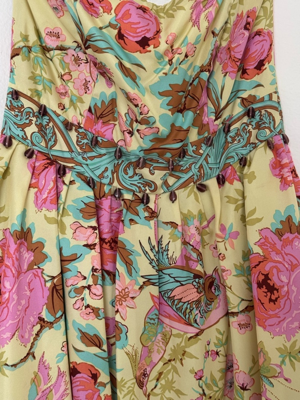 Plenty Strapless Silk Dress Floral Bird Print Yellow Pink Womens 4 Mini - Picture 3 of 14